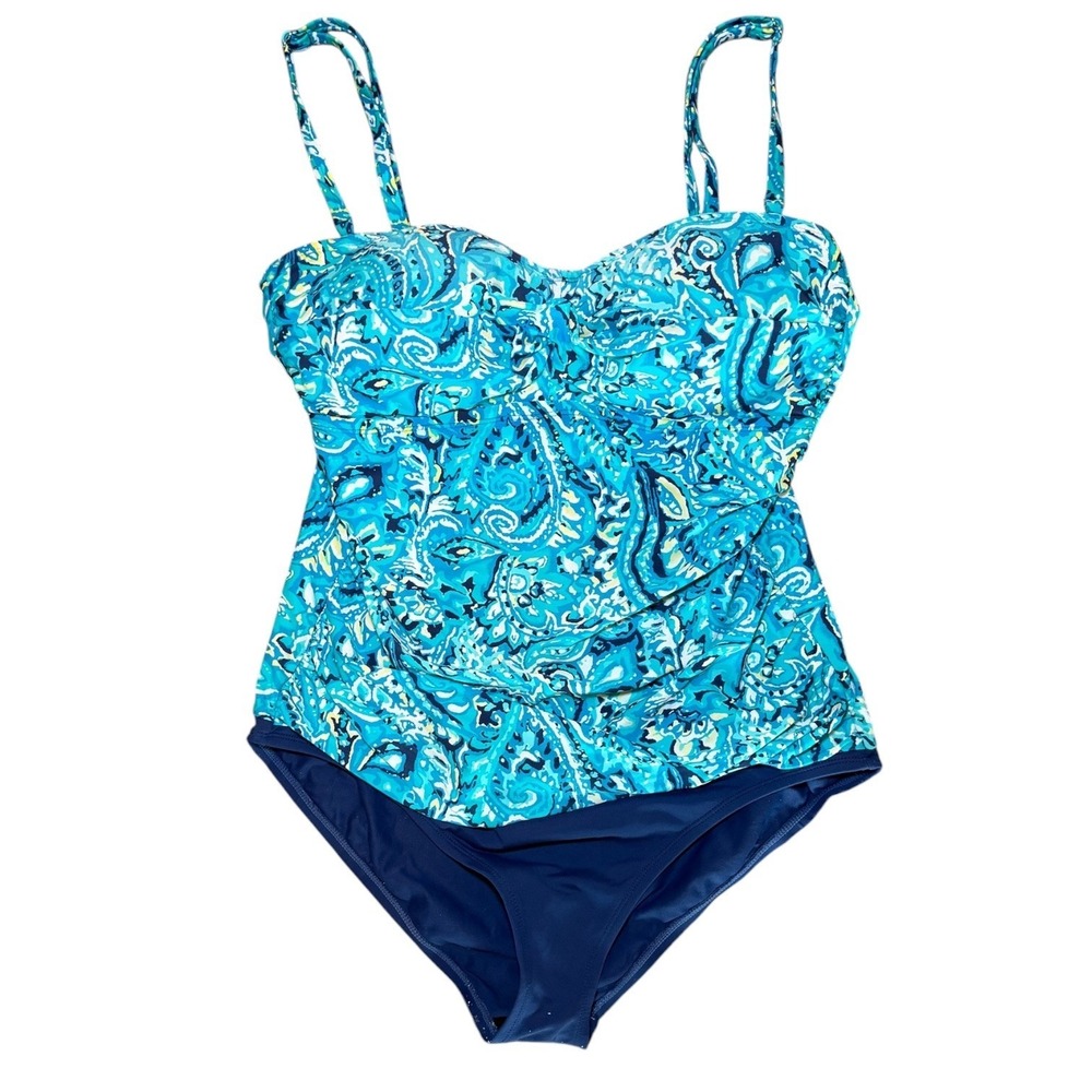 Chaps Blue Paisley Tankini Swimsuit Size 16 Tummy Control Ruched
